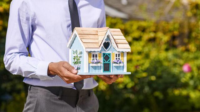a person holding a wooden house model